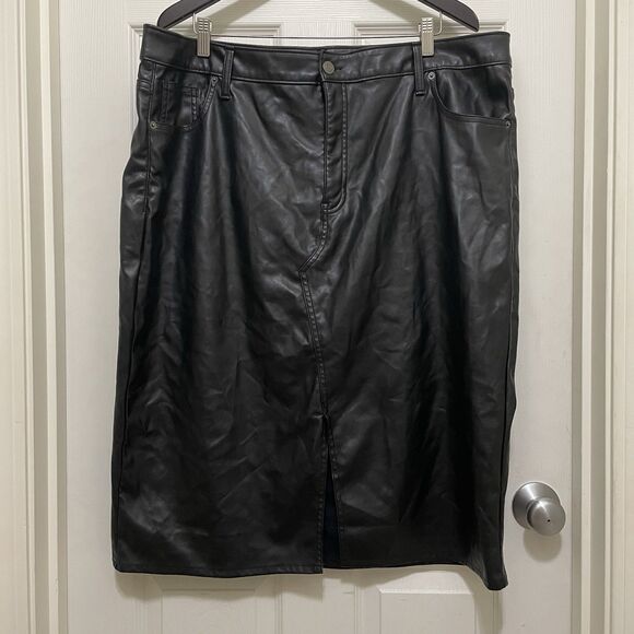 Terra & Sky Faux Leather Pencil Skirt Midi Black High Rise Slim Fit Size 20W - Picture 2 of 9
